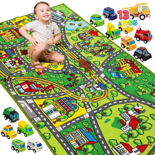 Miniatura 9 de JOYIN - Alfombras de juego para niños con juego de 12 vehículos de tracción trasera, alfombra duradera para niños, de simulación de ciudad