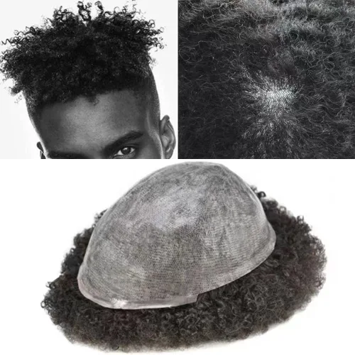 Miniatura 12 de Cabello afro rizado para hombre maravillas de cabello humano afroamericano de repuesto para hombres negros, piel de polietileno completa, sistema