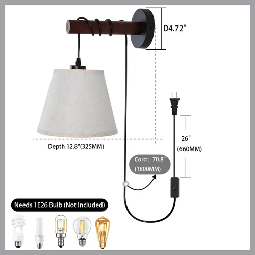 Miniatura 2 de Apliques de pared enchufables, lámpara de pared de cabecera con brazo de madera, luz de pared de tela con interruptor de encendido/apagado