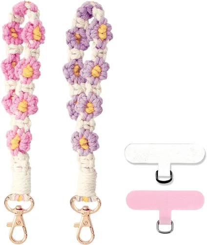 Correa de muñeca para teléfono estilo boho con macramé, cordón para teléfono celular con pestaña de anclaje, llavero con dije de muñeca, cadena