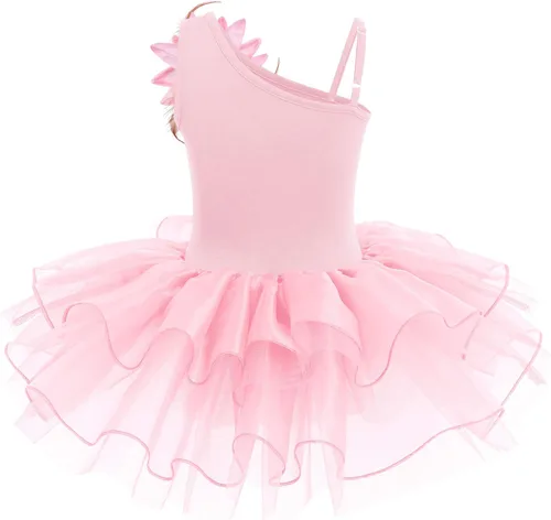 Miniatura 2 de IDOPIP Vestido de ballet con lentejuelas y un hombro para niñas pequeñas, tutú con volantes, falda de bailarina, 3-10 años