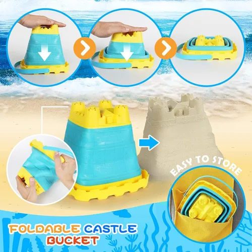 Miniatura 2 de Elovien Juego de juguetes de arena de playa, 24 juguetes de caja de arena con bolsa de malla incluida 2 cubos plegables, moldes de arena, palas