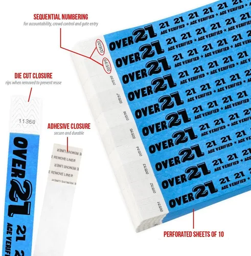 Miniatura 2 de 500 pulseras Tyvek azul neón WristCo Over 21 para eventos - ¾" x 10" - pulseras de papel impermeables, reciclables, cómodas, resistentes a Azul