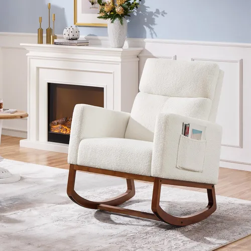 Miniatura 3 de Yaheetech Silla mecedora tapizada, silla de bebé Boucle Glider con respaldo alto y bolsillo lateral, sillón mecedor con patas de madera de goma