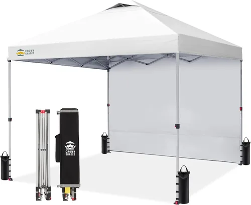 CROWN SHADES - Toldo desplegable de 12 x 12 pulgadas con tela recubierta de color plata 150D, incluye 1 pared lateral extraíble, 4 cuerdas, 8