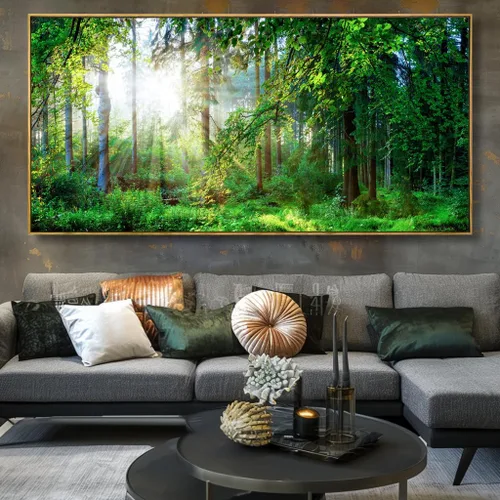 Miniatura 3 de Lienzo decorativo para pared de sala de estar, paisaje de bosque verde, sol sobre bosque, fotografía impresa en lienzo para decoración de pared