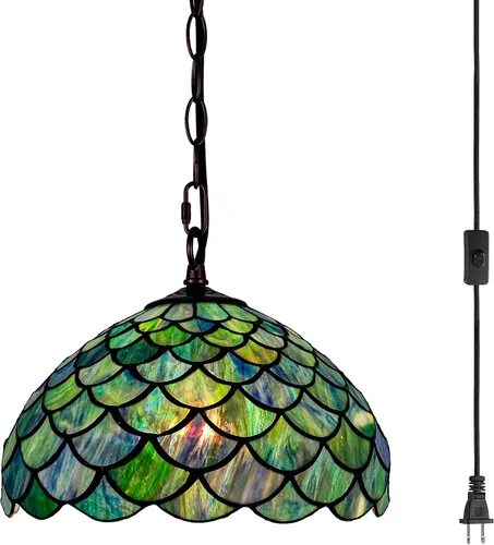 Miniatura 11 de Lámpara Colgante de Vidrio Emplomado Estilo Tiffany con Enchufe, 12" de Ancho Diseño de Glicinia Lámpara Colgante, Cadena de 60 Pulgadas Cable de 15