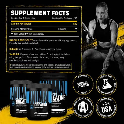 Miniatura 8 de Animal Monohidrato de creatina en polvo, creatina micronizada para mujeres y hombres, apoya el crecimiento muscular, la fuerza, la resistencia