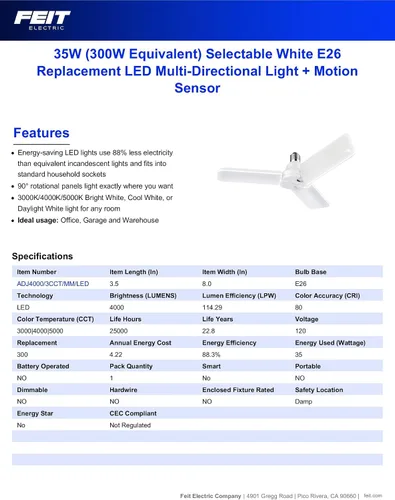 Miniatura 2 de Feit Electric Panel de luz LED con sensor de movimiento, equivalente a 300 W, panel ajustable de 90°, base estándar E26, CRI 80, 4000 lúmenes
