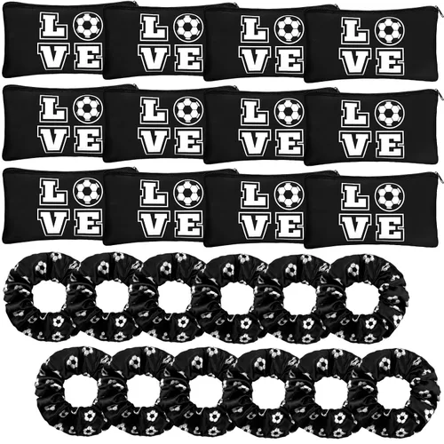 Sweetude 24 piezas de regalos de fútbol, 12 bolsas de maquillaje, 12 coleteros de satén para niñas, bolsa de viaje portátil para cosméticos, lazos