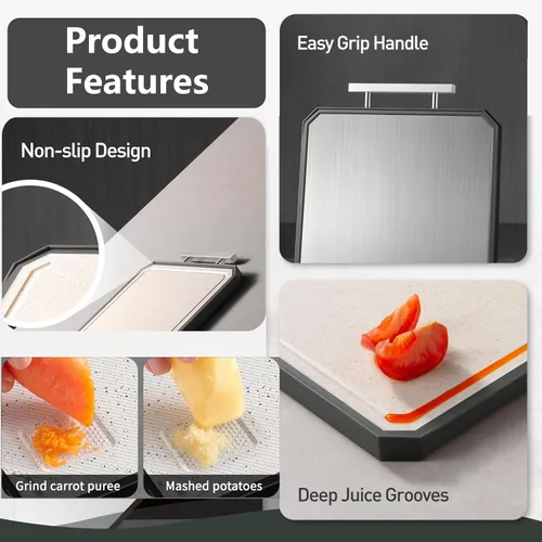 Miniatura 6 de Tabla de cortar de acero inoxidable, grande de 15 x 11 pulgadas, tabla de cortar de doble cara para cocina, paja de trigo de grado alimenticio PP