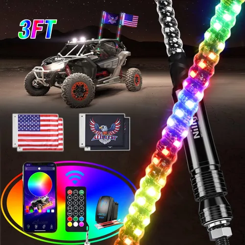 Nilight 2 piezas luces LED RGB tipo látigo de 3 pies, control remoto por aplicación con patrones de persecución DIY, modos de iluminación de parada,