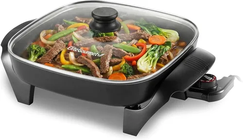 Miniatura 8 de Elite Gourmet EG808 - Sartén eléctrica antiadherente de 8 x 8 pulgadas, apta para lavavajillas con tapa ventilada de vidrio templado, calentamiento