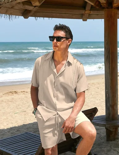 Miniatura 2 de COOFANDY Conjunto de camisa y pantalón corto de lino para hombre, traje de manga corta con botones de algodón, Albaricoque