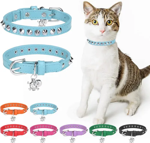 Miniatura 28 de Collares de cuero DILLYBUD para gatos niño y niña con campana y cinturón elástico de seguridad, collar ajustable con hebilla de seguridad Blue_Star