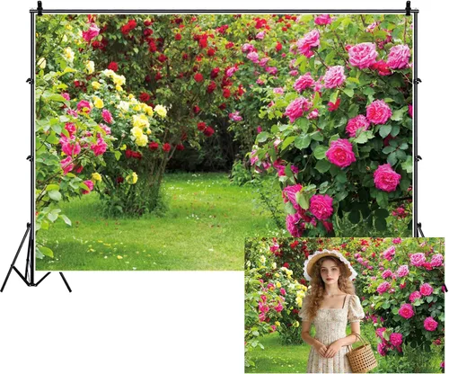 Renaiss Telón de fondo de jardín de primavera de 5 x 3 pies, color rojo, rosa, rosa, flores, hojas verdes, hierba, paisaje natural, fondo de