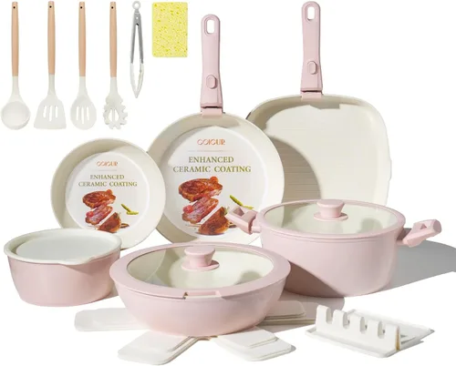 Miniatura 9 de Juego de 23 utensilios de cocina de cerámica antiadherentes, no tóxico, con mango desmontable, juego de utensilios de cocina de inducción que ahorra