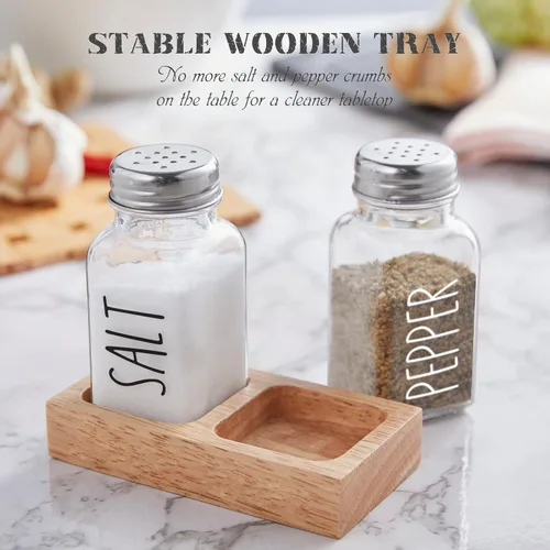 Miniatura 3 de Salero y pimentero de cristal con soporte, juego de sal y pimienta transparente Dopeca con organizador de madera para encimera de cocina o mesa