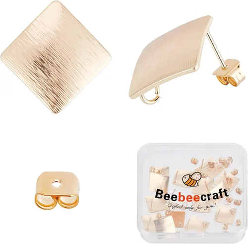 Beebeecraft 20 unidades/caja de aretes chapados en oro de 18 quilates, aretes de rombo con lazo y 20 piezas de parte trasera de aretes para hacer