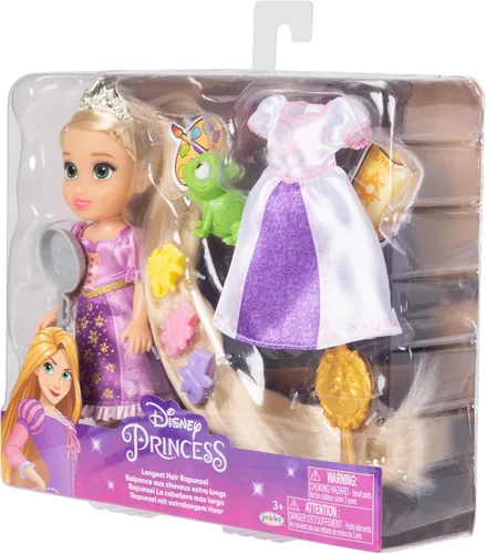 Miniatura 9 de Disney Princess Rapunzel Doll Muñeca Rapunzel de pelo largo Petite con Pascal, en moda de vestir púrpura y blanco