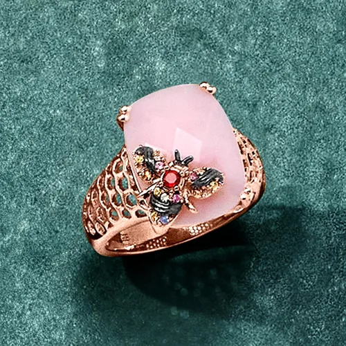 Miniatura 4 de Ross-Simons Pink Opal and .10 ct. t.w. Multicolored Sapphire Bumblebee Ring With Single Garnet in 18kt Rose Gold Over Sterling