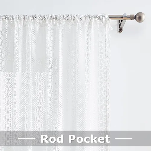 Miniatura 6 de Paneles de cortina cortos de encaje blanco transparente con borlas, cortinas bohemias para sala de estar, diseño de patrón geométrico bordado