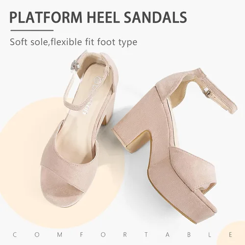 Miniatura 5 de CAMSSOO Sandalias de plataforma para mujer, de gamuza, con puntera abierta, correa al tobillo, a la moda, sexy, para boda, con bloques de tacón