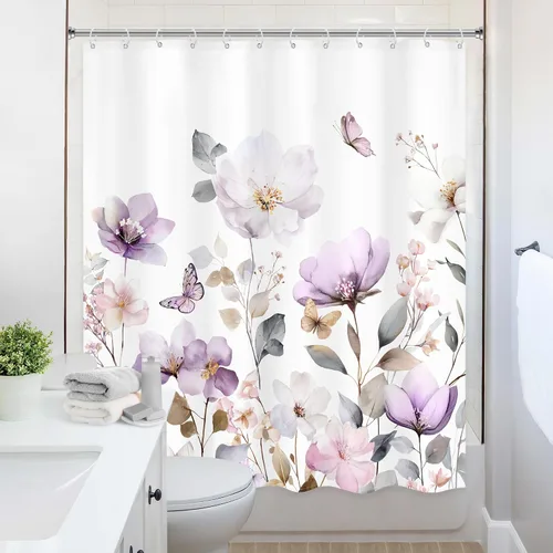 Miniatura 4 de Cortina de ducha floral púrpura de 60 pulgadas de ancho x 72 pulgadas de largo, flor de lavanda, rústico, elegante, pastel, botánico, acuarela