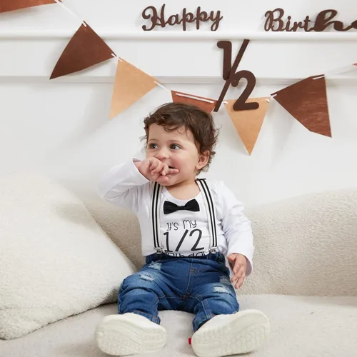 Miniatura 10 de Conjunto de ropa de cumpleaños para bebé niño pequeño, con tirantes, pantalones de mezclilla rasgados