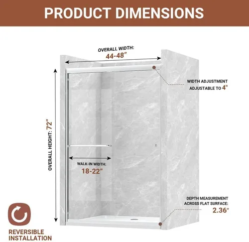 Miniatura 7 de Puerta de ducha corredera doble 44"-48" de ancho x 72" de alto, puerta de ducha de vidrio para baño de 1/4" (6mm) de vidrio templado transparente