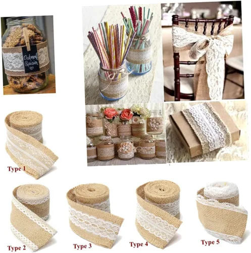 Miniatura 4 de LALAFINA Rollo de cinta decorativa de yute con ribete de encaje para manualidades y proyectos de bricolaje, patrón de envoltura de bodas y arreglos