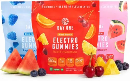 Miniatura 10 de Day One Electrogummies - 60 gomitas de electrolitos con sabor a frambuesa azul para hidratación y recuperación, repletas de electrolitos esenciales
