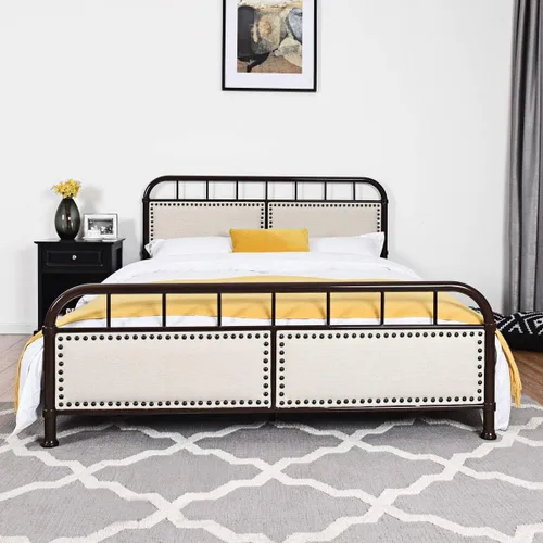 Miniatura 3 de Giantex Base de cama de metal, plataforma de cama de tamaño matrimonial con cómoda cabecera tapizada y estribo, soporte de listones antideslizantes