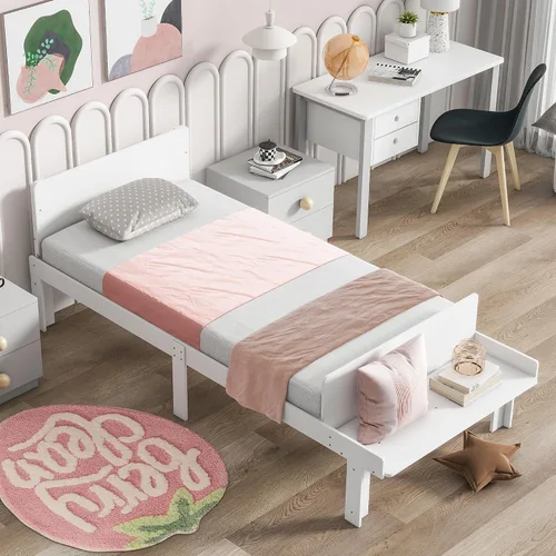 Miniatura 10 de Dolonm Marco de cama individual para niños con banco de estribo, gris, madera de pino, estilo moderno, no necesita somier