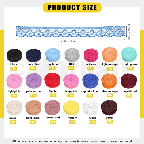 Miniatura 2 de 20 rollos de cinta de encaje de 200 yardas, 0.591 in/0.59 pulgadas de ancho, cintas de encaje de tela con patrón floral, cintas de tela multicolor