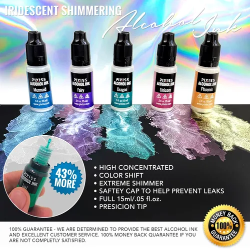 Miniatura 6 de Pixiss Juego de tinta de alcohol iridiscente que cambia de color, 5 tonos de tinta de alcohol para suministros de resina epoxi, papel Yupo, vasos