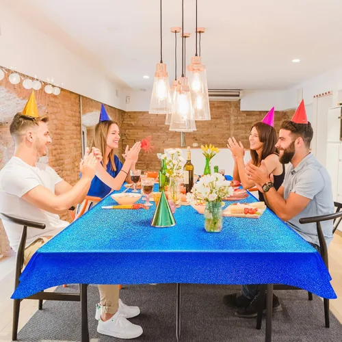 Miniatura 3 de 4 piezas de mantel de fiesta azul real holográfico de 40" x 108" con iridiscencia, mantel de plástico azul marino brillante para graduación, 4