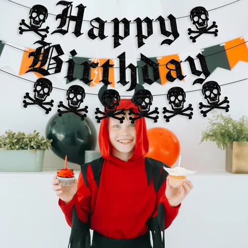 Miniatura 7 de Cartel gótico de feliz cumpleaños, guirnalda de calavera inglesa antigua con purpurina negra, divertida pancarta de cumpleaños funerario para fiesta