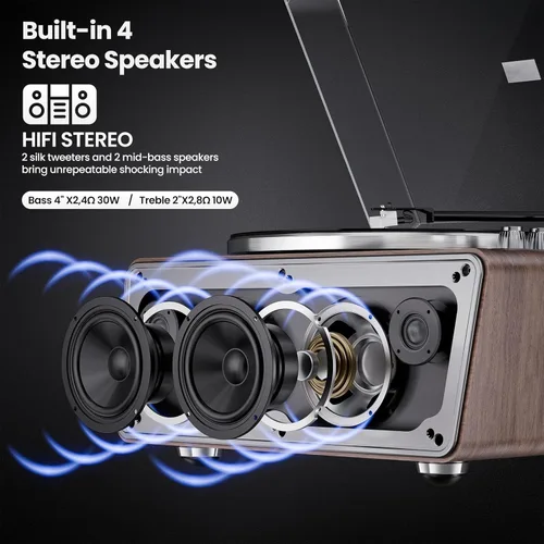Miniatura 13 de Tocadiscos de vinilo todo en uno, tocadiscos Bluetooth integrado con 4 altavoces estéreo, preamplificador de teléfono, tocadiscos de alta fidelidad