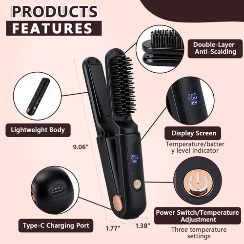 Miniatura 5 de Cepillo alisador de pelo inalámbrico, alisador de pelo portátil de viaje, mini plancha plana recargable 2 en 1 y cepillo alisador de cabello