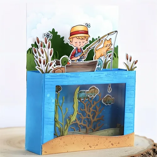 Miniatura 7 de Juego de sellos y troqueles para niños de pesca para hacer tarjetas, sellos transparentes y troqueles de corte de metal para álbumes de recortes