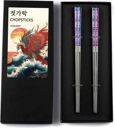 Miniatura 7 de Phoenix Palillos de metal reutilizables, diseñados en Corea, estilo japonés, acero inoxidable 316 18/10, antideslizantes, aptos para lavavajillas