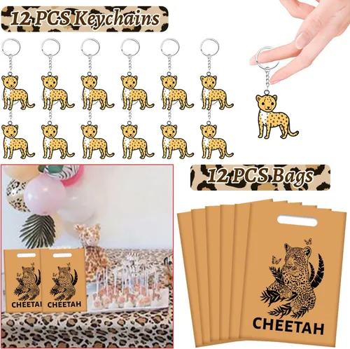 Miniatura 3 de Regalos de fiesta de guepardo, pulseras con temática de guepardo, llaveros, insignia, tatuajes temporales, bolsas de regalo para niños, leopardo