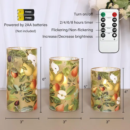 Miniatura 6 de Velas de otoño sin llama con temporizador remoto, de cristal de manzana y pera parpadeante, funciona con pilas, velas LED para decoración del hogar