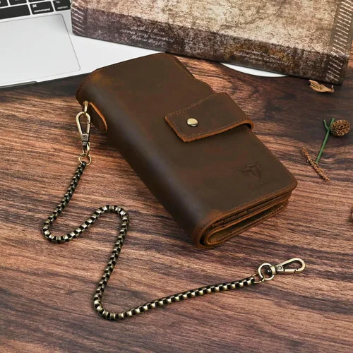 Miniatura 69 de Genuino Caballo Loco Cuero Regalo de Viaje Moneda Bolsillo Tarjetero Organizador Largo Cadena Rfid Cartera Monedero Con Broche Para Hombres Hombres