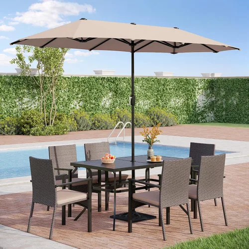 Miniatura 7 de PHI VILLA Mesa rectangular de comedor con listones de acero metálico para 6 personas con agujero ajustable para paraguas, resistente a la intemperie