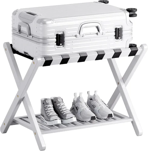 Miniatura 11 de SMIBUY Portaequipajes, soporte plegable de bambú para maleta con estante de almacenamiento para habitación de invitados, dormitorio, hotel, Natural