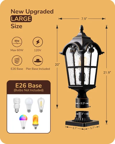 Miniatura 2 de EDISHINE Lámpara de poste exterior grande de atardecer hasta el amanecer, lámpara de poste de 21.9'' H 120V con base de montaje en muelle, lámpara