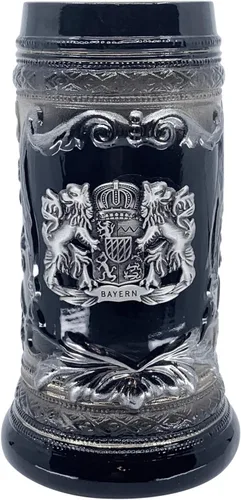 Miniatura 7 de OktoberfestHaus - Taza de cerveza con escudo de armas del Bayern alemán, escudo de armas con emblema de metal sobre jarra de cerámica azul cobalto