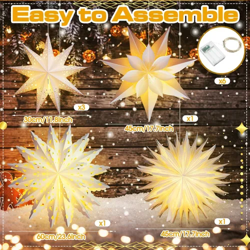 Miniatura 2 de Watersay Paquete de 6 Faroles de Papel de Copo de Nieve de Navidad Faroles de Papel de Estrella de Navidad con 6 Luces LED Blancas Ornamentos